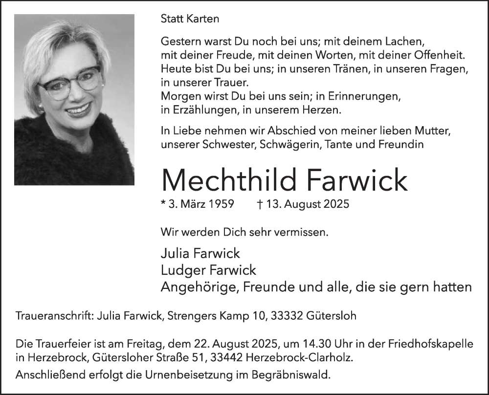  Traueranzeige für Mechthild Farwick vom 16.08.2025 aus Die Glocke