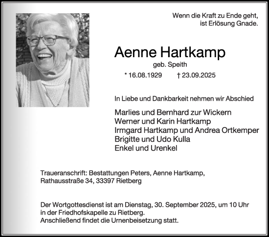 Traueranzeige von Aenne Hartkamp von Die Glocke