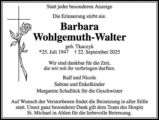 Traueranzeige von Barbara Wohlgemuth-Walter von Die Glocke