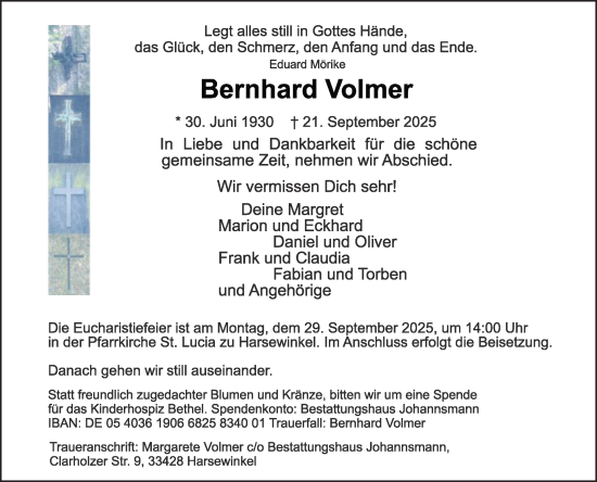 Traueranzeige von Bernhard Volmer von Die Glocke