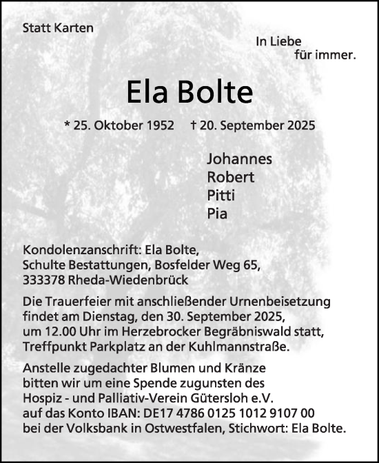 Traueranzeige von Ela Bolte von Die Glocke