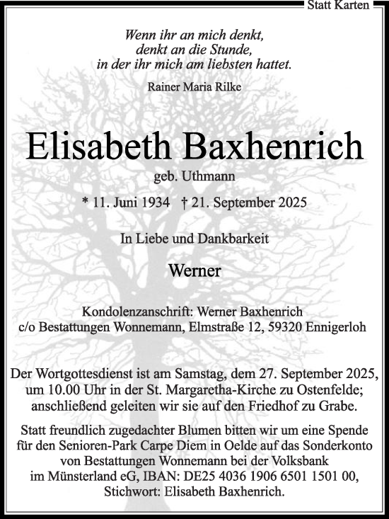 Traueranzeige von Elisabeth Baxhenrich von Die Glocke