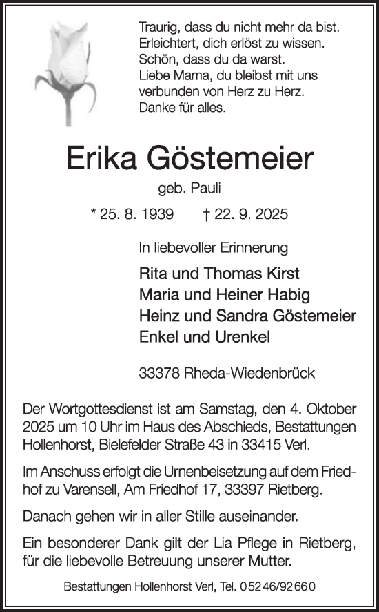 Traueranzeige von Erika Göstemeier von Die Glocke