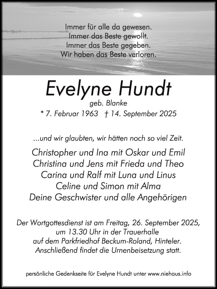  Traueranzeige für Evelyne Hundt vom 20.09.2025 aus Die Glocke