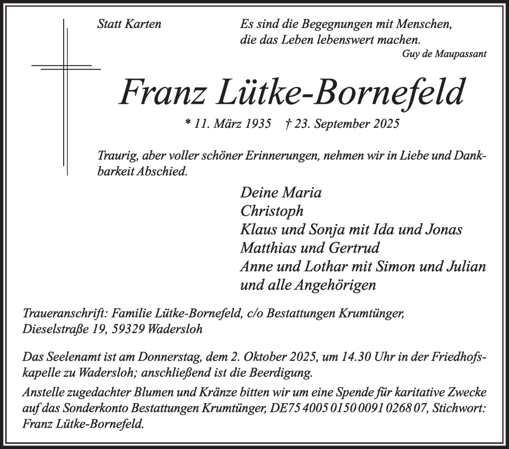  Traueranzeige für Franz Lütke-Bornefeld vom 27.09.2025 aus Die Glocke