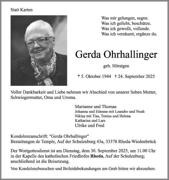 Traueranzeige von Gerda Ohrhallinger von Die Glocke