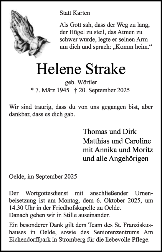 Traueranzeige von Helene Strake von Die Glocke