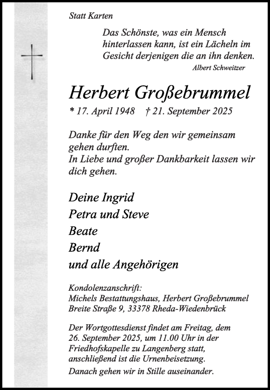 Traueranzeige von Herbert Großebrummel von Die Glocke