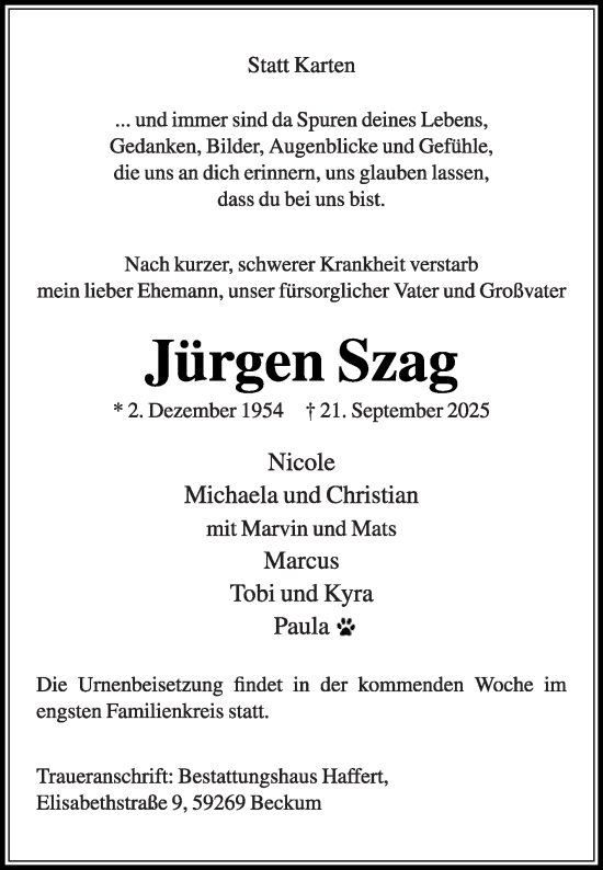 Traueranzeige von Jürgen Szag von Die Glocke