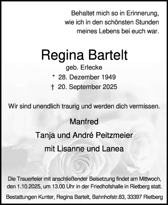 Traueranzeige von Regina Bartelt von Die Glocke