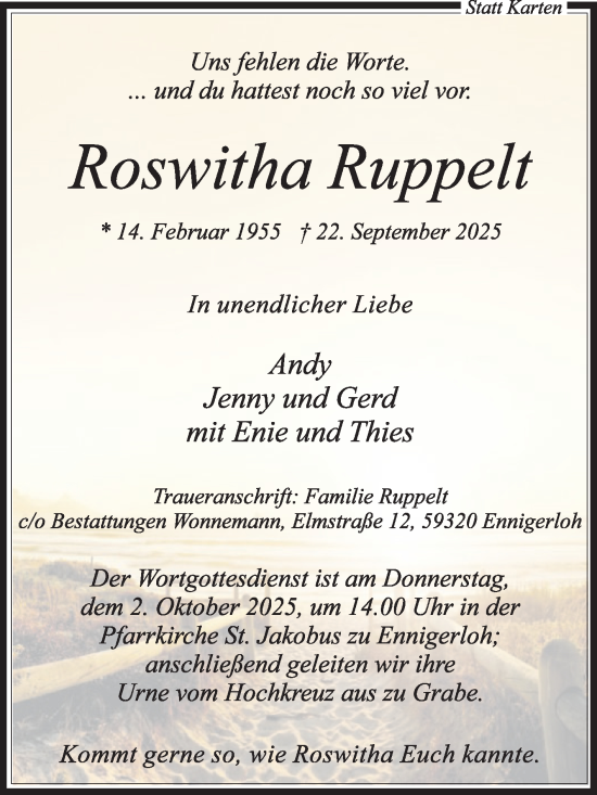 Traueranzeige von Roswitha Ruppelt von Die Glocke