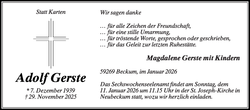  Traueranzeige für Adolf Gerste vom 03.01.2026 aus Die Glocke