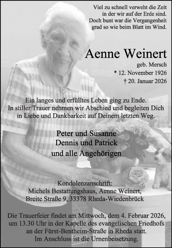 Traueranzeige von Aenne Weinert von Die Glocke