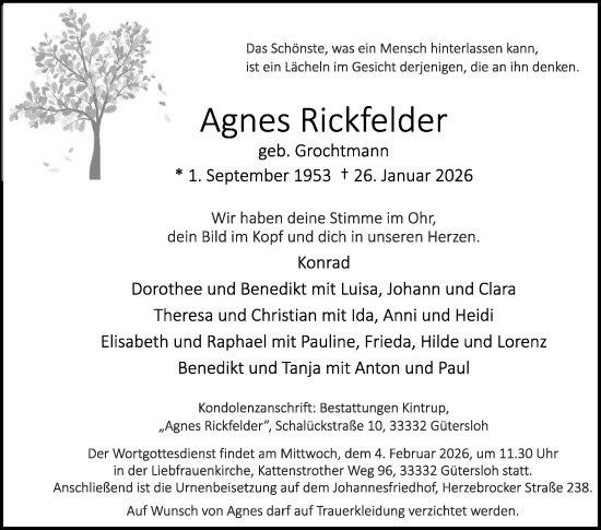 Traueranzeige von Agnes Rickfelder von Die Glocke