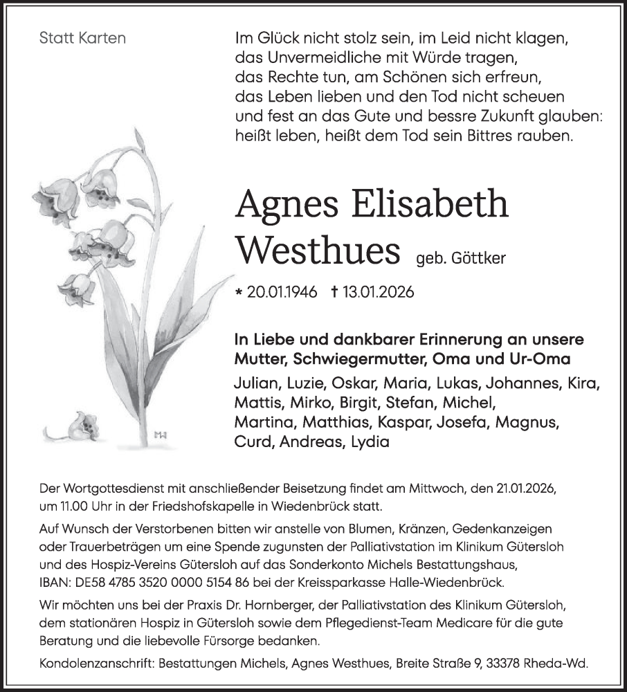 Traueranzeige für Agnes Elisabeth Westhues vom 17.01.2026 aus Die Glocke