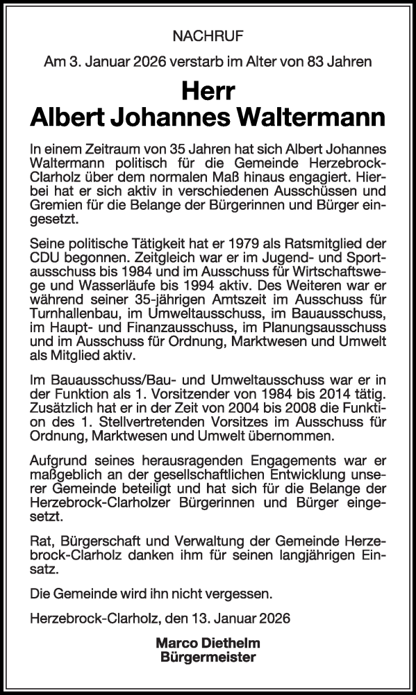  Traueranzeige für Albert Johannes Waltermann vom 15.01.2026 aus Die Glocke