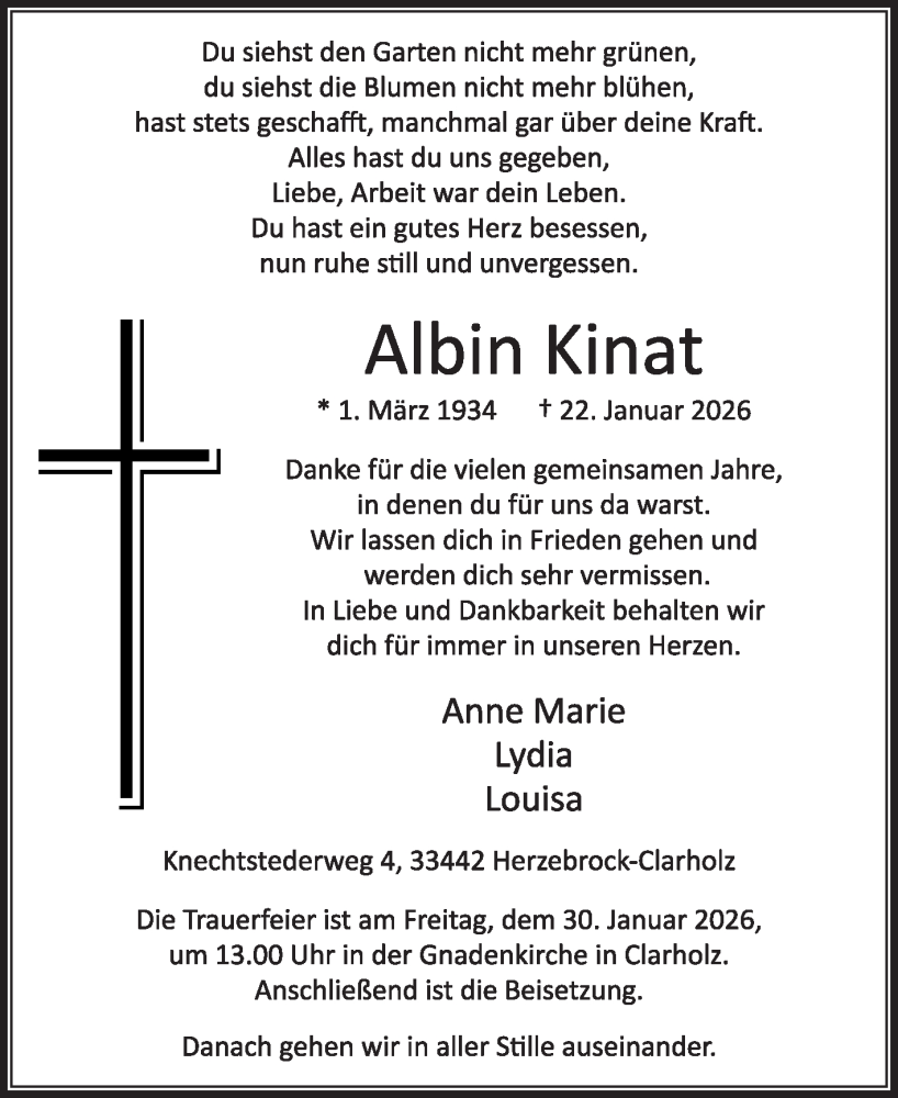  Traueranzeige für Albin Kinat vom 24.01.2026 aus Die Glocke