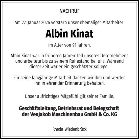 Traueranzeige von Albin Kinat von Die Glocke