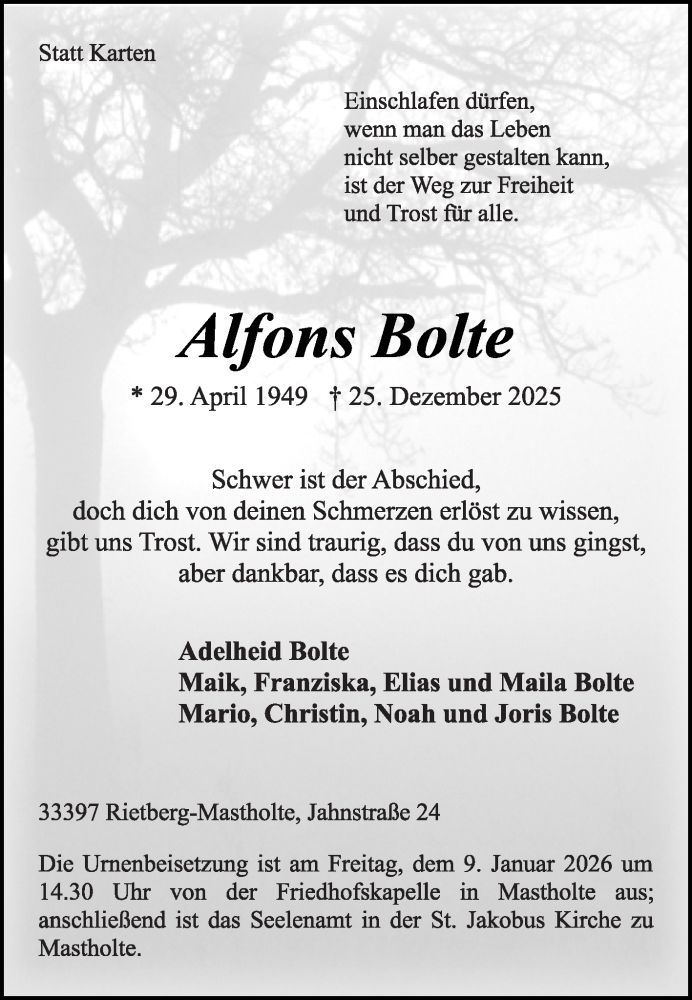  Traueranzeige für Alfons Bolte vom 03.01.2026 aus Die Glocke