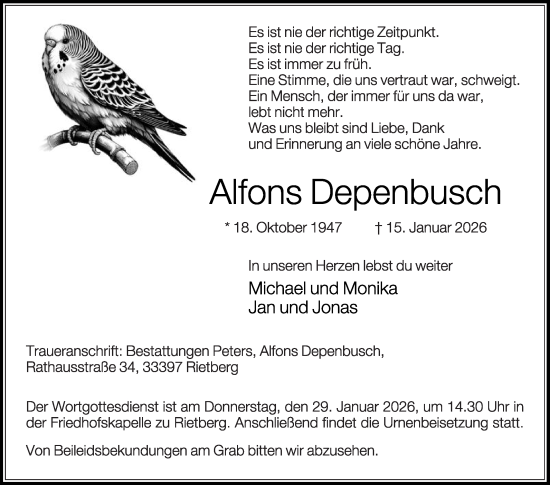 Traueranzeige von Alfons Depenbusch von Die Glocke