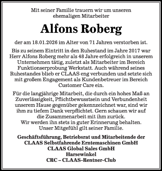 Traueranzeige von Alfons Roberg von Die Glocke