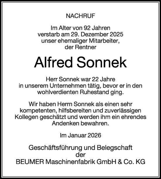 Traueranzeige von Alfred Sonnek von Die Glocke