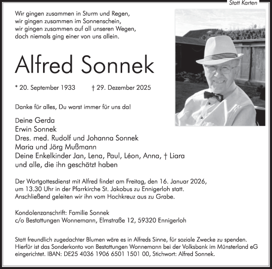 Traueranzeige von Alfred Sonnek von Die Glocke