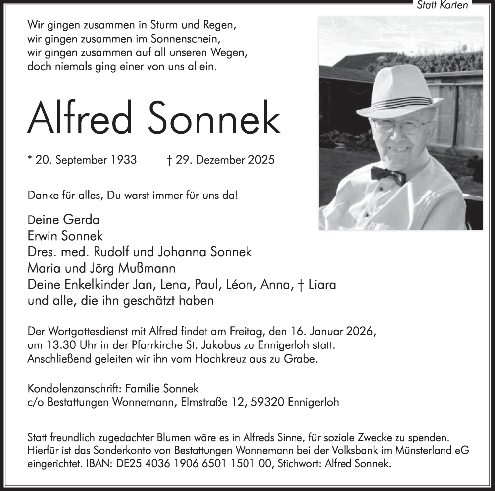  Traueranzeige für Alfred Sonnek vom 10.01.2026 aus Die Glocke