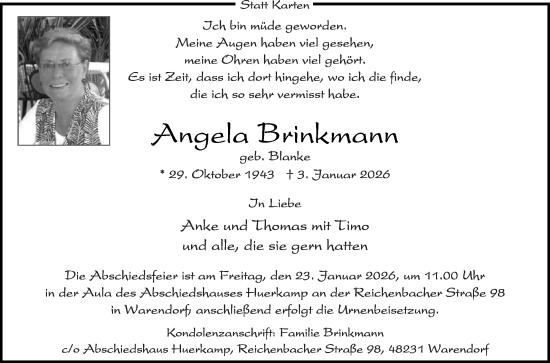 Traueranzeige von Angela Brinkmann von Die Glocke