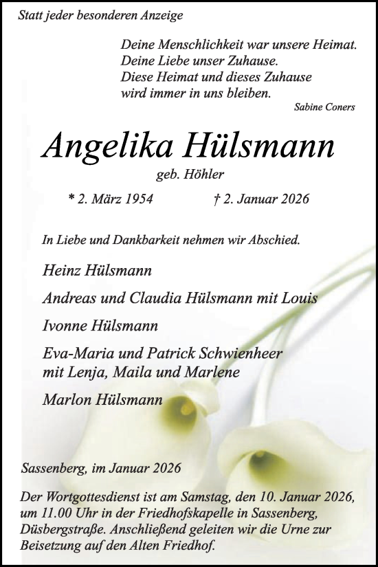 Traueranzeige von Angelika Hülsmann von Die Glocke