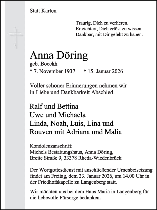 Traueranzeige von Anna Döring von Die Glocke