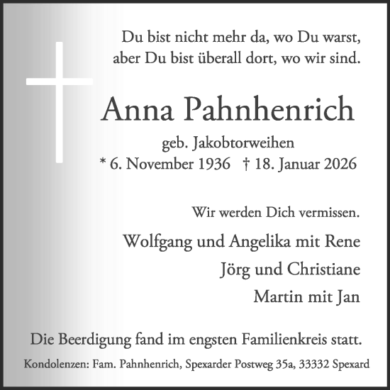 Traueranzeige von Anna Pahnhenrich von Die Glocke