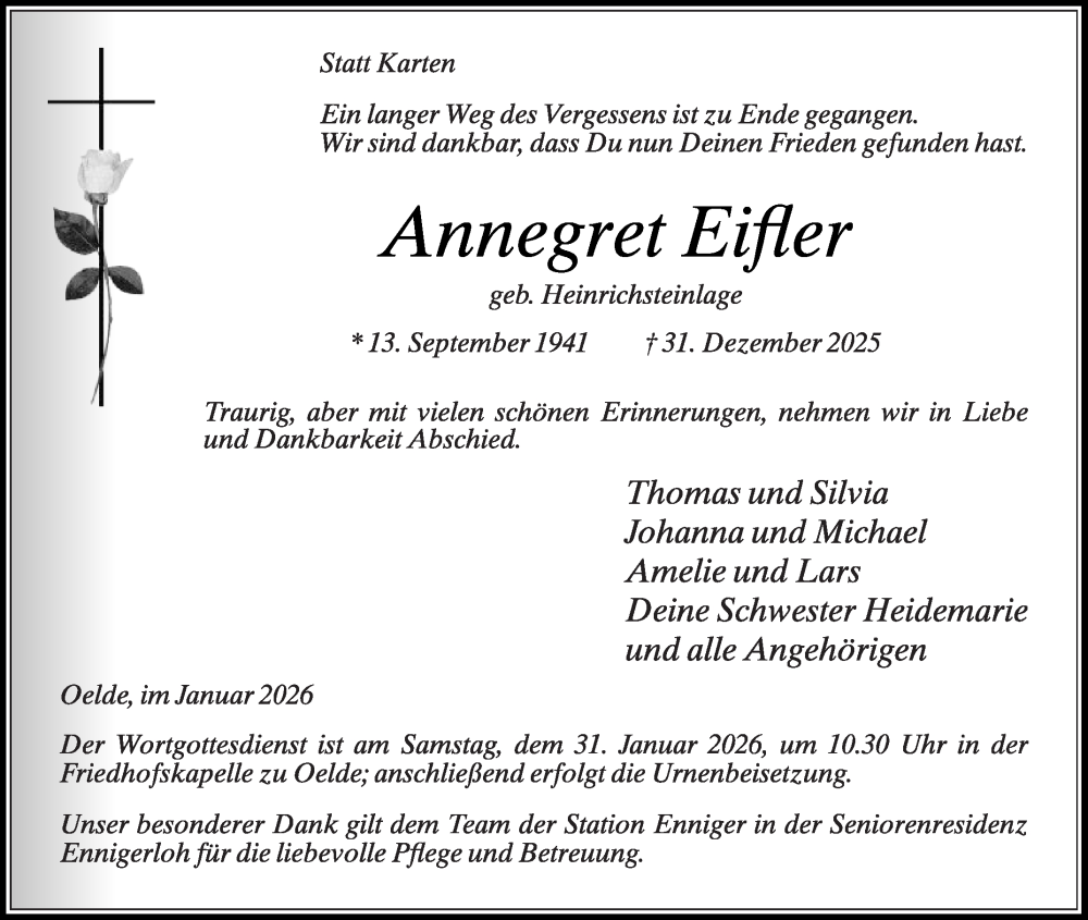  Traueranzeige für Annegret Eifler vom 17.01.2026 aus Die Glocke