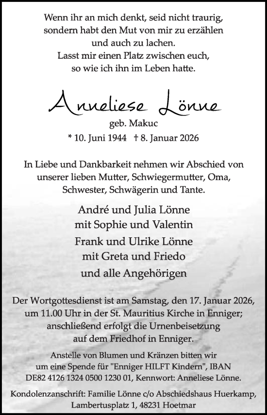 Traueranzeige von Anneliese Lönne von Die Glocke