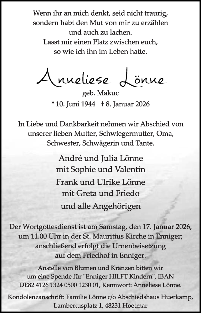  Traueranzeige für Anneliese Lönne vom 13.01.2026 aus Die Glocke