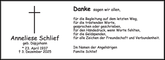 Traueranzeige von Anneliese Schlief von Die Glocke