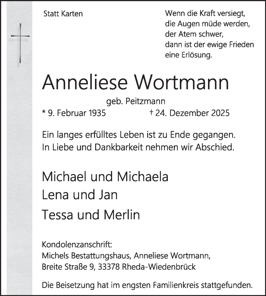  Traueranzeige für Anneliese Wortmann vom 03.01.2026 aus Die Glocke