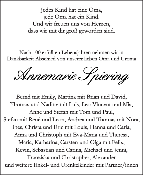 Traueranzeige von Annemarie Spiering von Die Glocke
