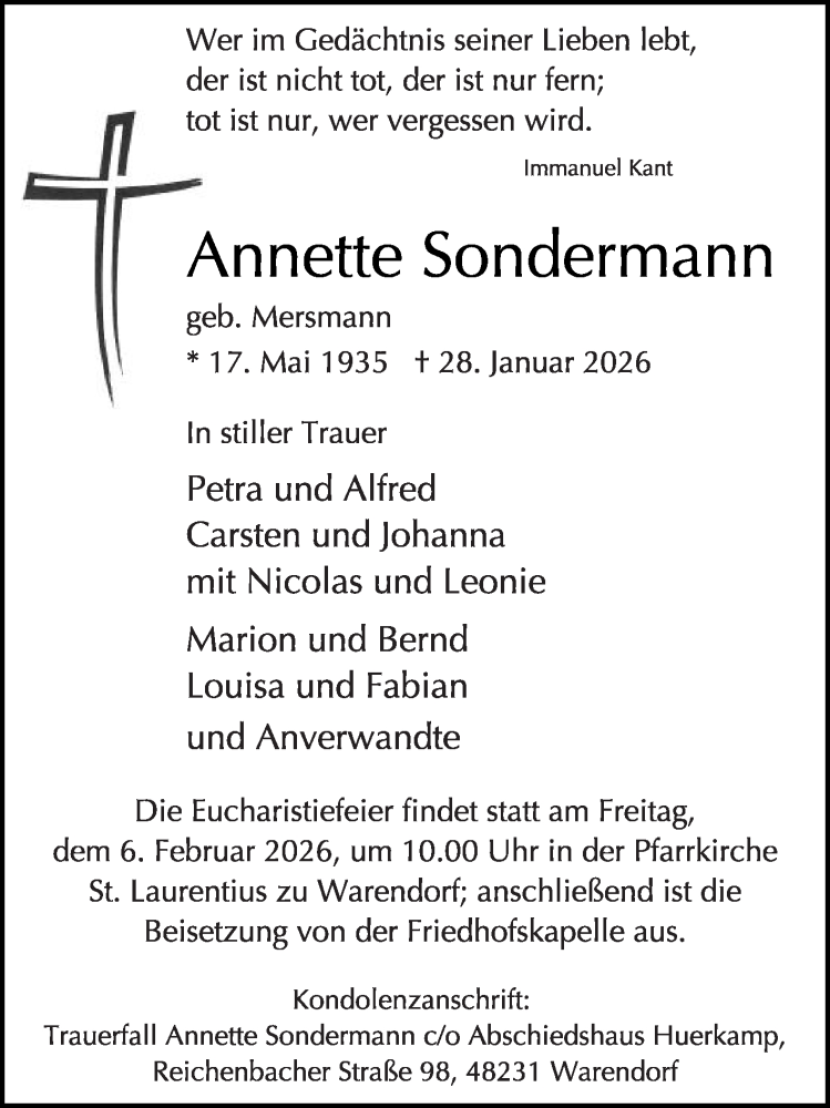  Traueranzeige für Annette Sondermann vom 31.01.2026 aus Die Glocke