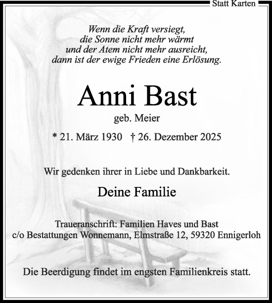 Traueranzeige von Anni Bast von Die Glocke