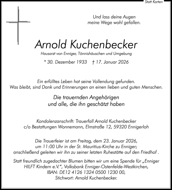 Traueranzeige von Arnold Kuchenbecker von Die Glocke