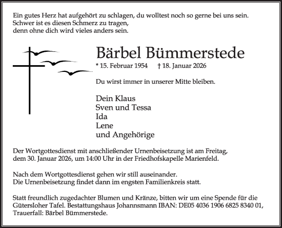 Traueranzeige von Bärbel Bümmerstede von Die Glocke