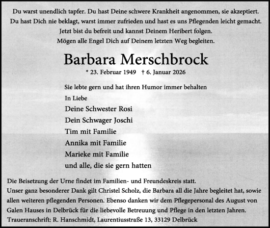 Traueranzeige von Barbara Merschbrock von Die Glocke