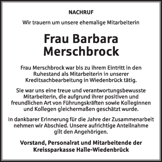 Traueranzeige von Barbara Merschbrock von Die Glocke