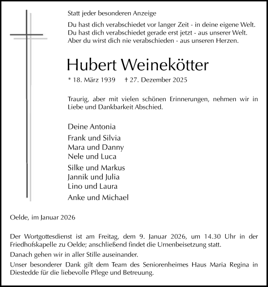 Traueranzeige von Hubert Weinekötter von Die Glocke