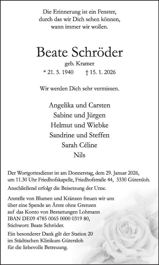 Traueranzeige von Beate Schröder von Die Glocke