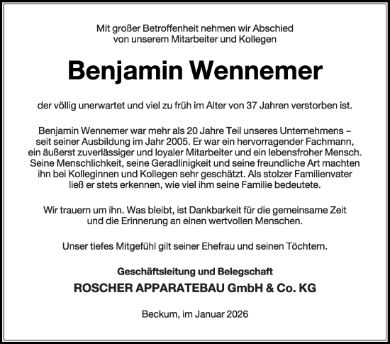 Traueranzeige von Benjamin Wennemer von Die Glocke