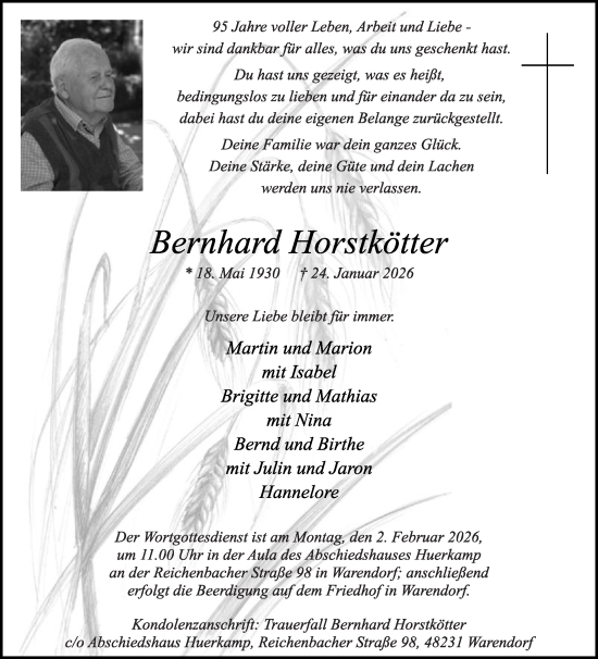 Traueranzeige von Bernhard Horstkötter von Die Glocke