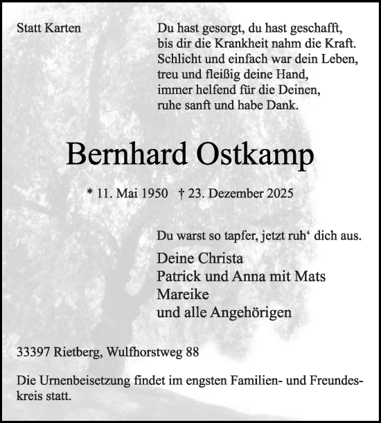 Traueranzeige von Bernhard Ostkamp von Die Glocke