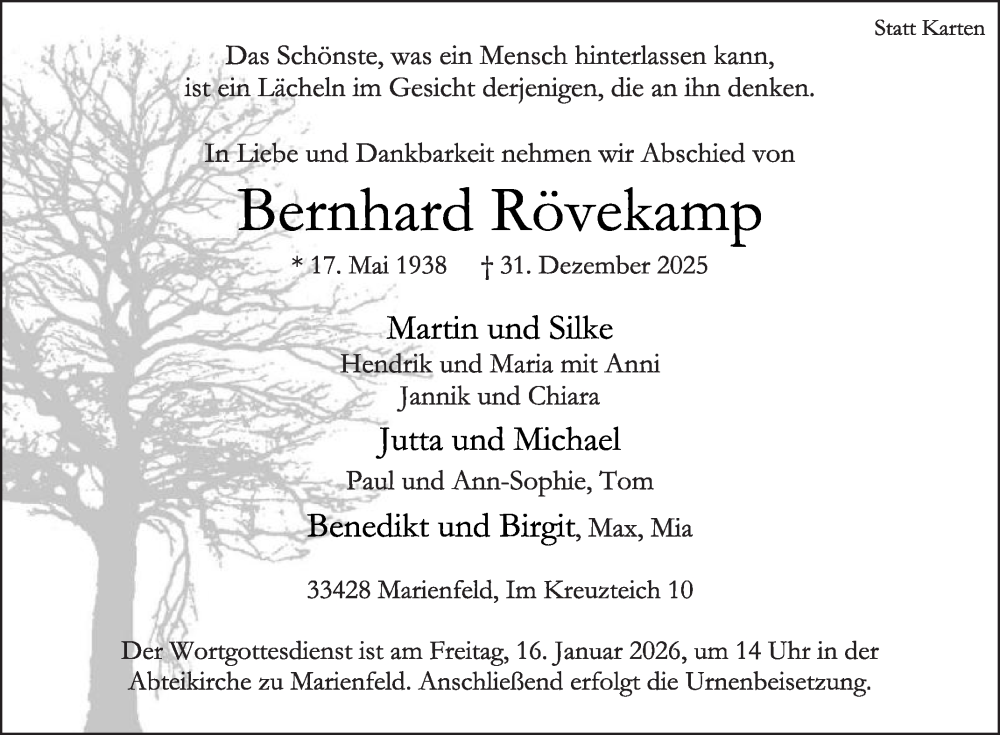  Traueranzeige für Bernhard Rövekamp vom 10.01.2026 aus Die Glocke